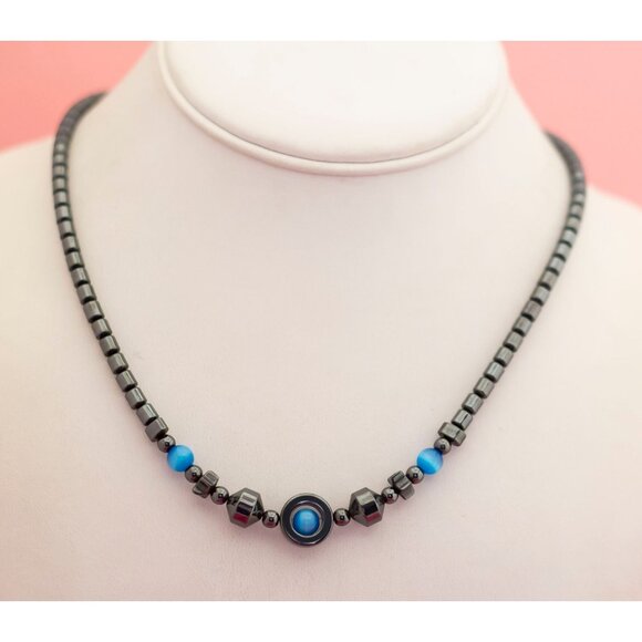 Vintage Black Cylinders Blue Spheres Necklace 17 1/2 inch - P6 - Picture 2 of 3